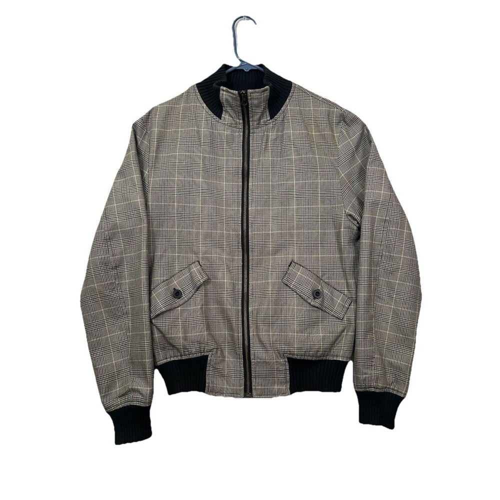 Zara Man Large Gray Black Glen Check Bomber Jacket 100% Cotton Harrington Plaid - Picture 1 of 8